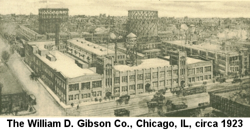 Black and white drawing of the William D. Gibson Co. factory in Chicago, circa 1923